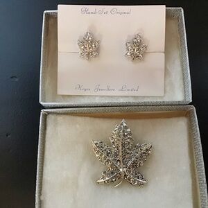 Vintage Signed Keyes Rhinestone Maple Leaf Brooch with Matching Earrings